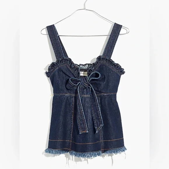 NEW MADEWELL x KAREN WALKER Raw Edge Denim Trianon Bow Top blue jean tank tie - Picture 3 of 6
